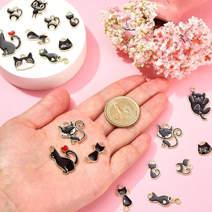 LiQunSweet 50 Pcs 10 Styles Enamel Kitten Animals Black Cat Charms for Jewelry Making Earrings Bracelet Necklace DIY