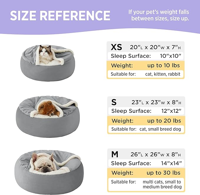 Lesure Small Dog Bed with Cover Cave - Covered Round Puppy Bed with Hooded Blanket, Machine Washable Burrow Pet Bed for Small Dogs and Cats, Cuddler Cozy Cave Dog Bed with Anti-Slip Bottom, Grey 23"