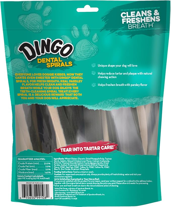 Dingo Tartar and Breath Dental Spirals for All Dogs, 15-Count (Pack of 4)