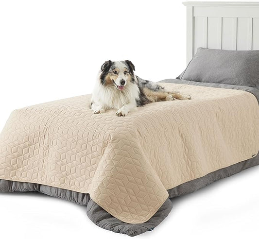 Bedsure 100% Waterproof Bed Cover for Dogs Washable - Non Slip Waterproof Dog Blanket for Bed, Lightweight Furniture Protector Durable for Pet Cat Puppy with Non-slip Bottom, Beige, 82x82IN