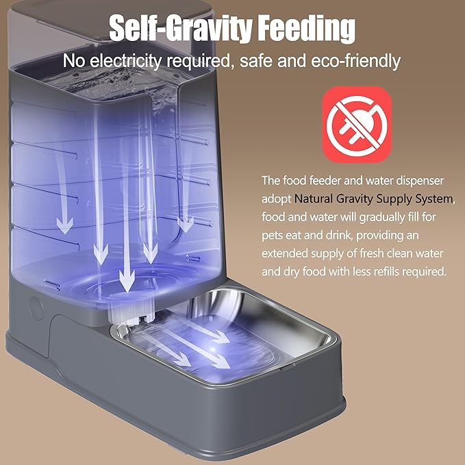 Automatic Cat Feeder and Cat Water Dispenser Set with Stainless Steel Bowls Gravity Dog Feeder for Small Medium Big Dog Pets Puppy Kitten, 1 Gallon x 2