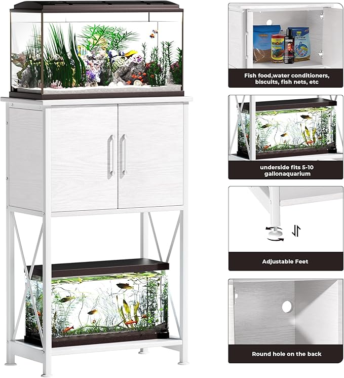 5-10 Gallon Fish Tank Stand, Metal Double Aquarium Stand with Cabinet for Fish Tank Accessories Storage, Heavy Duty 20.5" L* 11.02" W Tabletop, 500LBS Capacity White PG06YGW