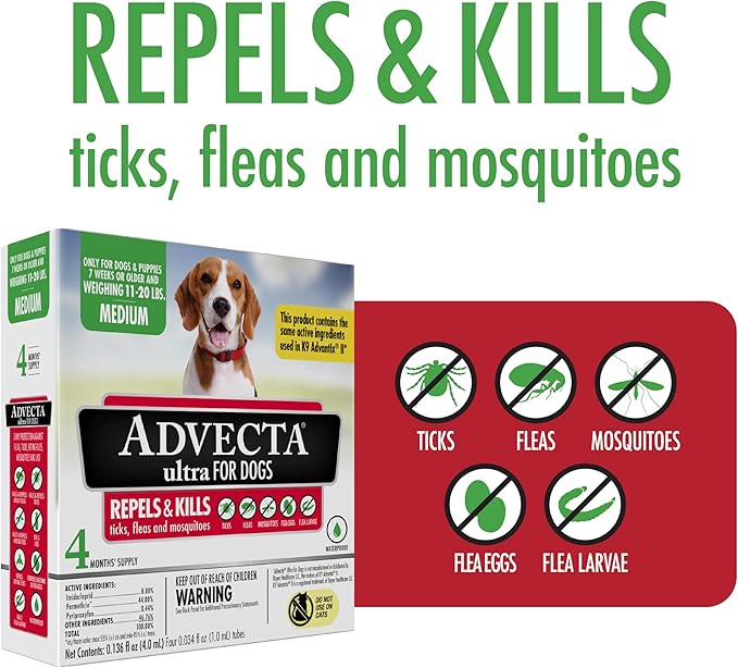 Ultra Flea And Tick Prevention For Dogs - Dog and Puppy Treatment and Control - Mosquito Repellent - Medium, Fast Acting Waterproof Topical Drops, 4 Month Supply