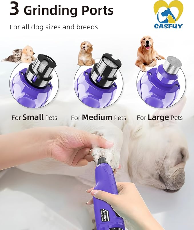 Casfuy Dog Nail Grinder Quiet - (45db) 6-Speed Pet Nail Grinder with 2 LED Lights for Large Medium Small Puppy Dogs/Cats, Professional 3 Ports Rechargeable Electric Dog Nail Trimmer with Dust Cap