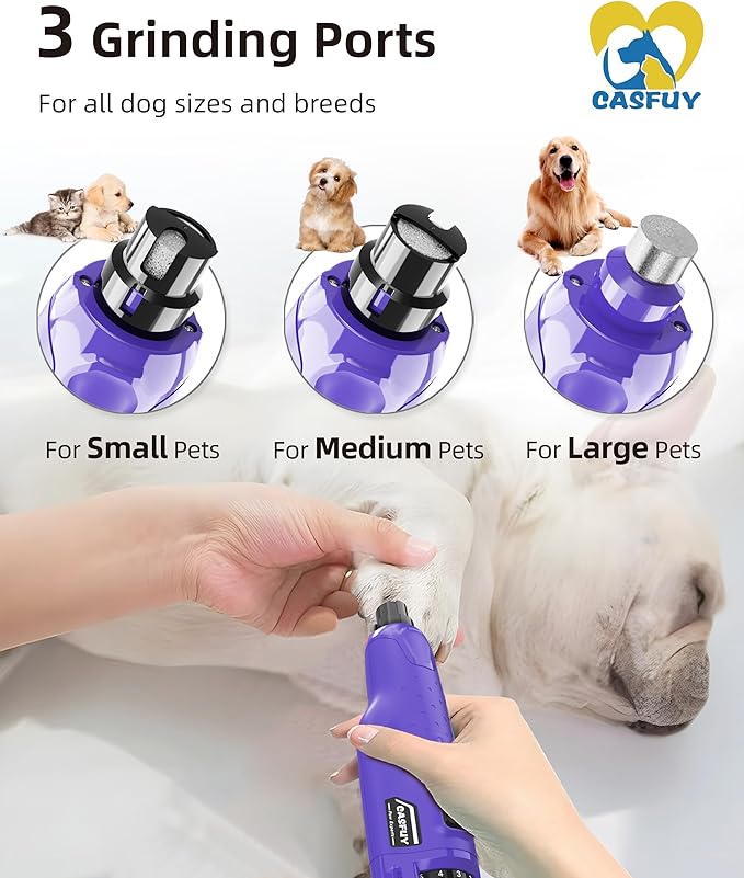 Casfuy Dog Nail Grinder Quiet - (45db) 6-Speed Pet Nail Grinder with 2 LED Lights for Large Medium Small Puppy Dogs/Cats, Professional 3 Ports Rechargeable Electric Dog Nail Trimmer with Dust Cap