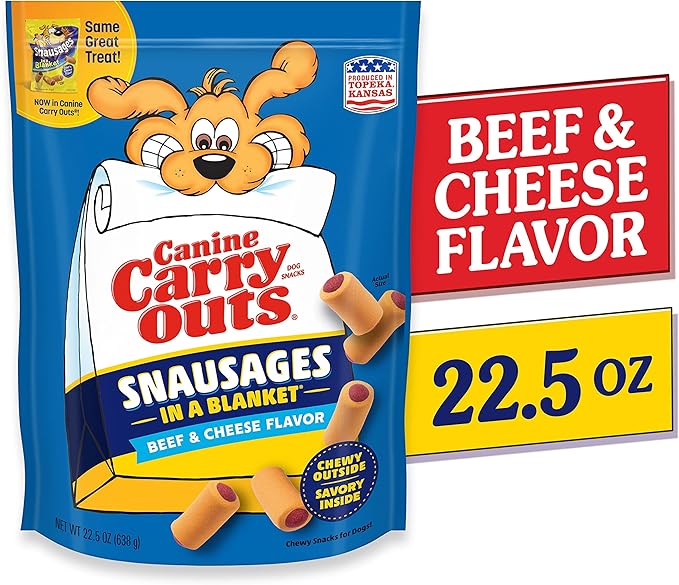 Canine Carry Outs Dog Treats, Snausages in a Blanket, Beef & Cheese Flavor, 22.5 Ounce (Pack of 4), Chewy Outside, Savory Inside