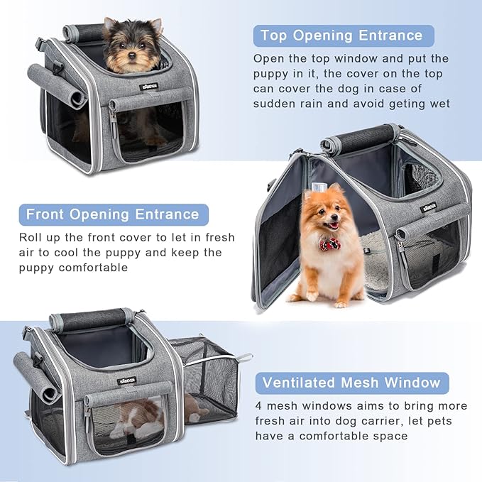 Dog Bike Basket, Expandable Soft-Sided Pet Carrier Backpack with 4 Open Doors, 4 Mesh Windows for Small Dog Cat Puppies-Grey