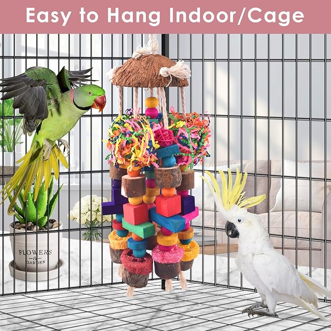 KATUMO Parrot Toys, Large Bird Chew Toys Medium Parrot Cage Accessory Colorful Wood Block Toys for Medium to Large Birds Macaws African Greys Cockatoos Amazon Parrots