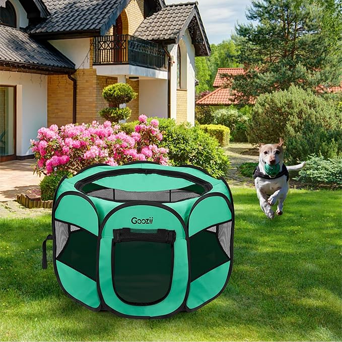 Portable Pop Up Large Pet Puppy Dog Playpen Indoor, Collapsible Cat Kitten Crate Cage Kennel Enclosed, Foldable Cat Play Pen Tent with Bottom Roof Cover for Car Travel Camping - Green