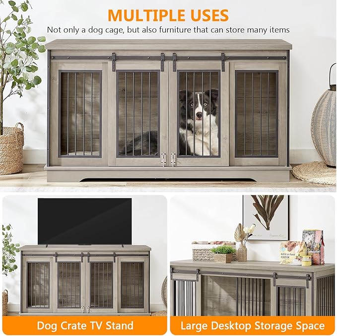 2-in-1 Double Dog Crate Furniture with Divider 60.6 Inch Grey Sturdy Dog Kennel TV Stand with 2 Sliding Doors and Thick Iron Door Frame for 2 Dogs