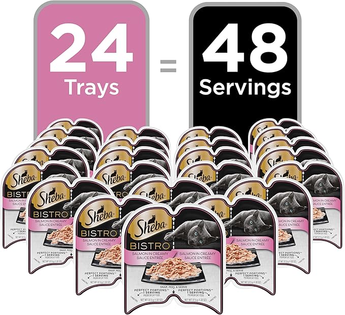 Sheba Perfect PORTIONS Bistro Wet Cat Food Trays (24 Count, 48 Servings), Salmon in Creamy Sauce Entrée, Easy Peel Twin-Pack Trays