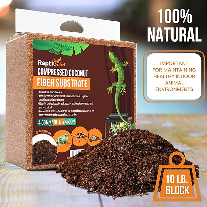 Compressed Coconut Fiber Substrate, 10 lb. Block, Natural Husk Terrarium Bedding, Reptiles, Frogs, Snakes, or Tortoise, Odor and Waste Absorbent Compostable, Organic with High Expansion