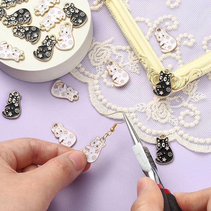 KitBeads 20pcs Black White Cat Charms Tarot Style Star Plated Kitten Charms Kawaii Animal Cute Pet Cat Charms for Jewelry Making Bulk