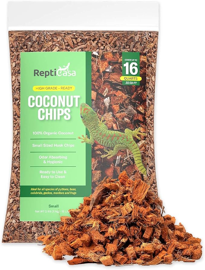 Organic Coconut Chips Substrate Clean & Ready to Use for Reptiles, Snakes, Tortoise, and Amphibians, Natural Fiber Free Husks, Clean Breeding and Bedding Flooring, Odor Absorbing - 16 Quarts