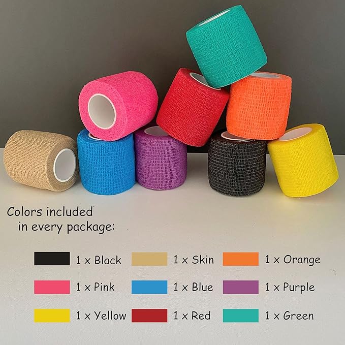 Self Adhesive Bandage Wrap, 9 Pack 2" x 5 Yards, Athletic Tape, Elastic Bandage, Self Stick Wrap for Ankle, Wrist, Finger, Sports (Multi Colors)