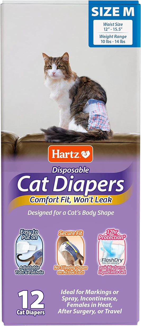 Hartz Disposable Cat Diapers, Size M 12 Count, Comfortable & Secure Fit, Easy to Put On