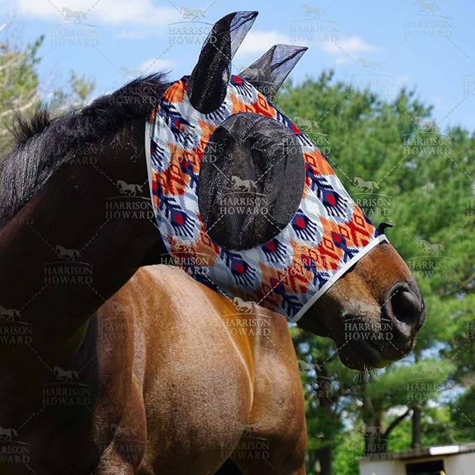 Harrison Howard Super Comfort Stretchy Fitting Horse Fly Mask with UV Protection Soft on Skin with Breathability Tribe Feather Cob (Medium)