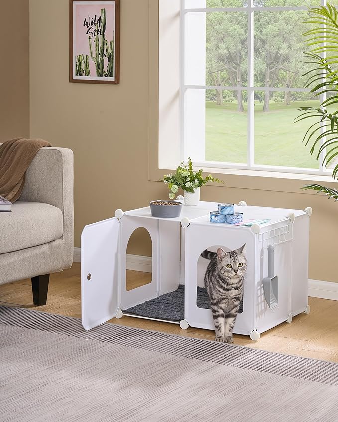 Cat Litter Box Enclosure with Hooks, Plastic Covered Little Box with Mat, Splash Proof Litter Box Furniture, 23.7 x 18.5 x 16.1 inches, End Table for Living Room, White CB81899WT