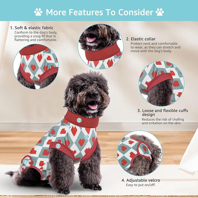 2 Packs Dog Recovery Suit Female Male, Red Heart + Red Heart, M