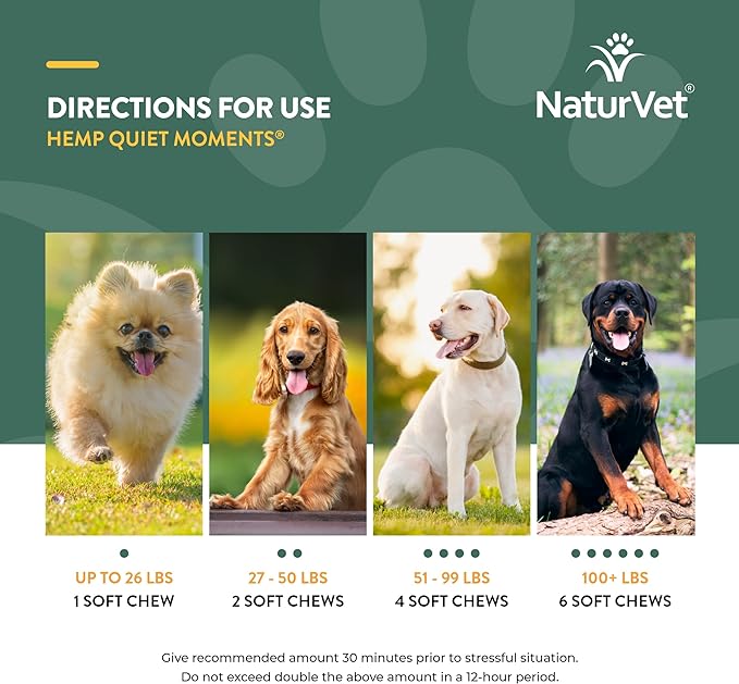 NaturVet Quiet Moments Calming Aid Dog Supplement, Helps Promote Relaxation, Reduce Stress, Storm Anxiety, Motion Sickness for Dogs (Quiet Moments Plus Hemp, 180 Soft Chews)