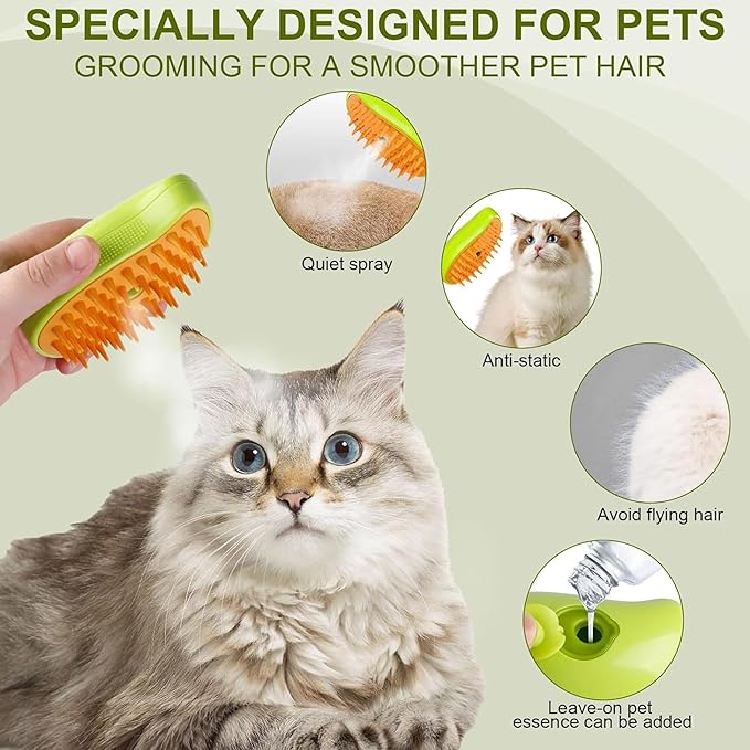 Cat Steam Brush, Spritz defur comb for cats, steam brush for cats, 3 in 1 pet brush, cat brush with steam, spritz defur comb for dogs, cat steam brush for shedding, cat brush by ALQMIA (Yellow)