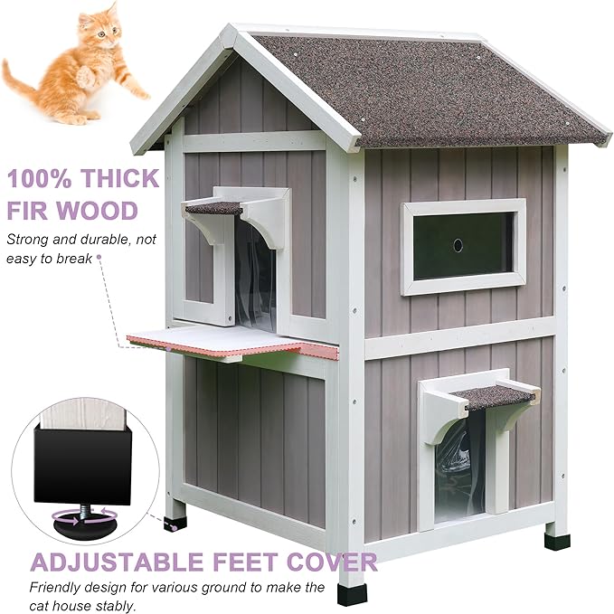 HiCaptain Outdoor Cat House for Feral Cats, Weatherproof Outside Cat Shelter Wooden 2 Story Large Kitty House with Escape Door-Grey