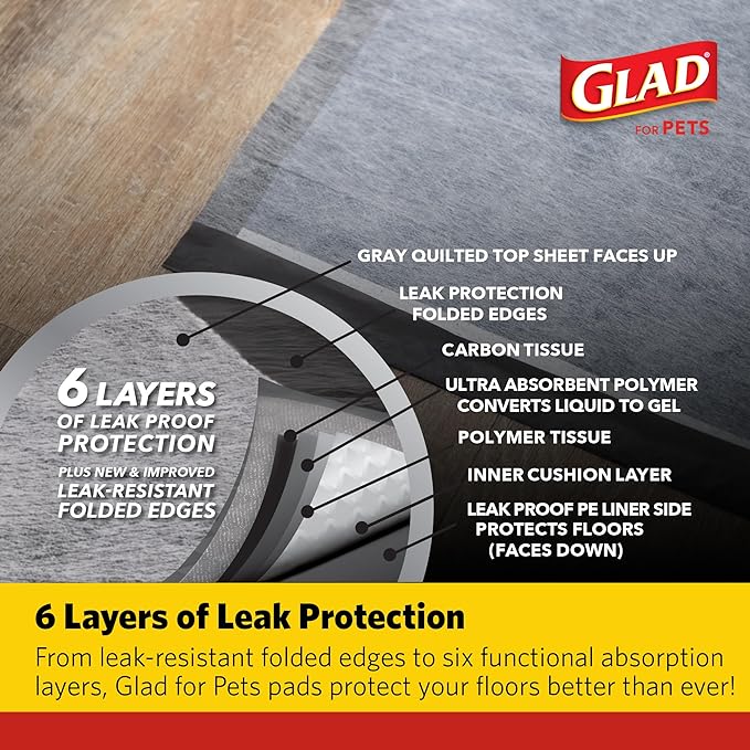 Glad for Pets Activated Carbon Puppy Training Pads with Anti-Microbial Technology, 23"x23" 30ct | Ultra Absorbent, Odor Control, Heavy Duty Puppy Potty Training Pads