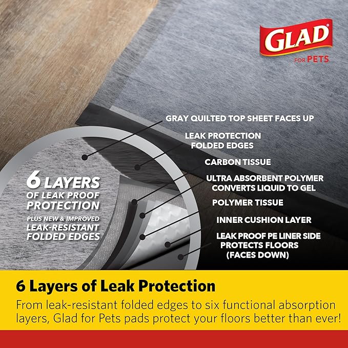 Glad for Pets Activated Carbon Puppy Training Pads with Anti-Microbial Technology, 23"x23" 100ct | Ultra Absorbent, Odor Control, Heavy Duty Puppy Potty Training Pads