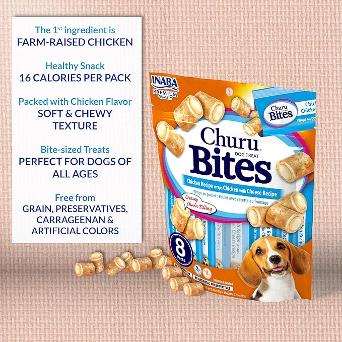 INABA Churu Bites for Dogs, Soft & Chewy Baked Chicken Wrapped Filled Dog Treats with Vitamin E, 0.42 Ounces Each Tube, 64 Tubes (8 per Pack), Chicken with Tuna Recipe