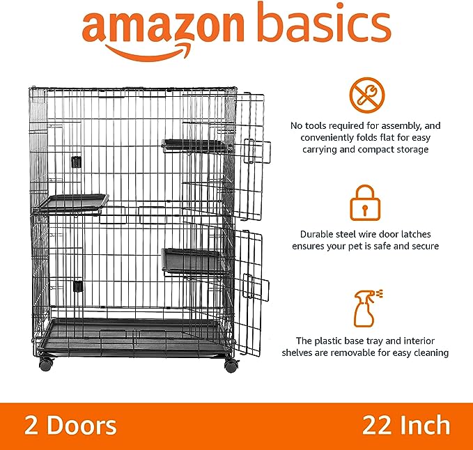 Amazon Basics Large 3-Tier Cat Durable,Pliable Cage Playpen Box Crate Kennel - 35.8"L x 22.4"W x 50.6"H, Black