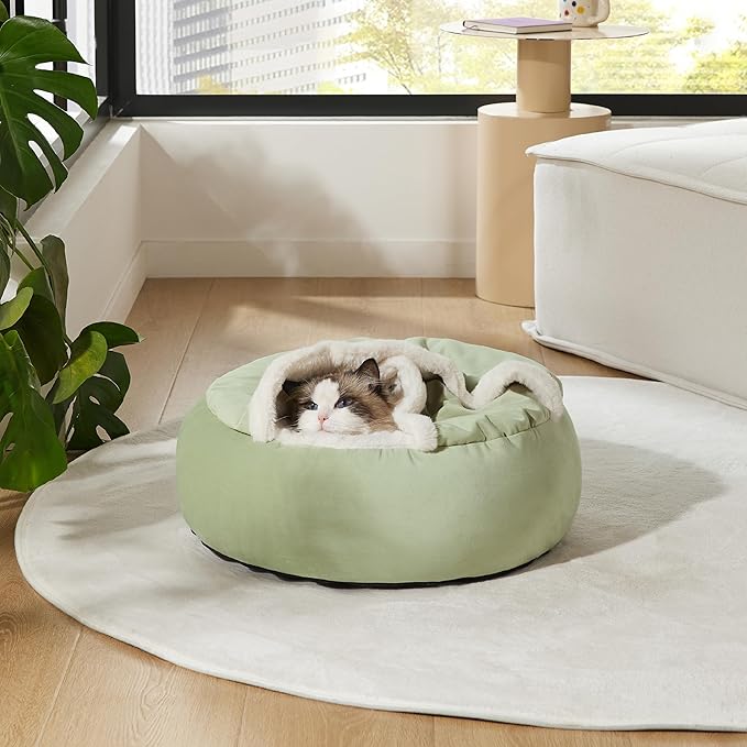Lesure Cat Bed with Cover Cave - Covered Round Kitten Bed with Hooded Blanket, Machine Washable Burrow Pet Bed for Indoor Cats, Extra Small Cuddler Cozy Cave Puppy Bed with Anti-Slip Bottom, Green 20"