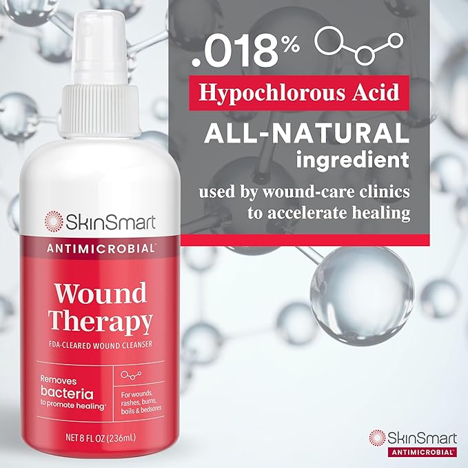 SkinSmart Antimicrobial Wound Therapy, Hypochlorous Acid Safely Removes Bacteria so Wounds Can Heal, 8 Ounce Clear Spray