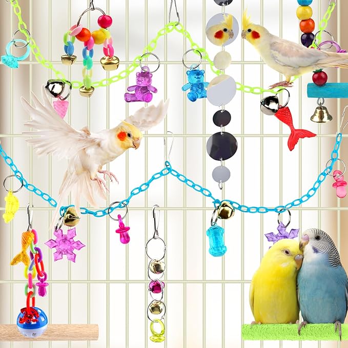 Bird Parakeet Toys, 10 pcs Swing Hanging Standing Chewing Toy, Hanging Bell Pet Bird Cage Colorful Toys for Parakeets, Cockatiel, Parrot, Budgerigar, PietyPet