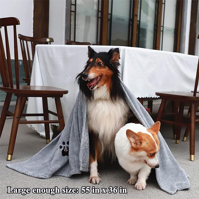 Extra Large Dog Towels for Drying Dogs - Pack of 2 - Super Absorbent Soft Microfiber Pet Bath Grooming Towel for Dogs and Cats & Other Pets (XL-55" * 36", Green and Gery)
