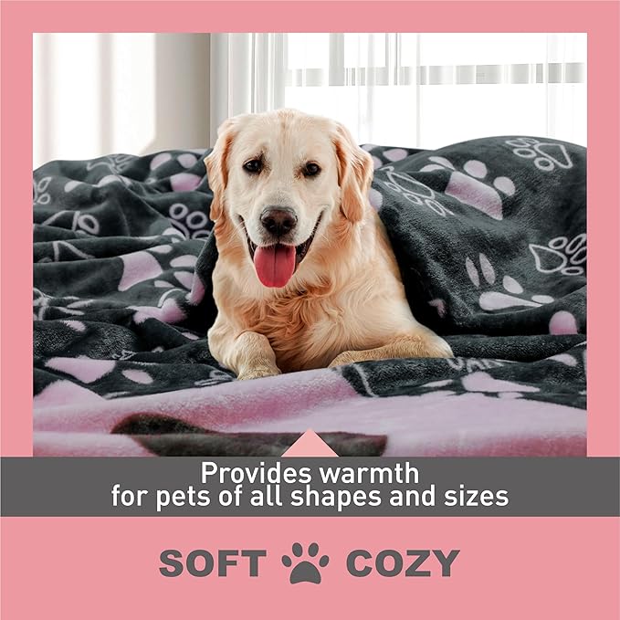 Gowyeg® Dog Blankets for Large Dogs, 2024 New Dog Cat Flannel Blankets Washable, Soft Pet Mat Throw Cover for Kennel Crate Bed, Cute Paw Pattern, Dog Blanket, Pet Blanket,GreyPink, 80x60 inch