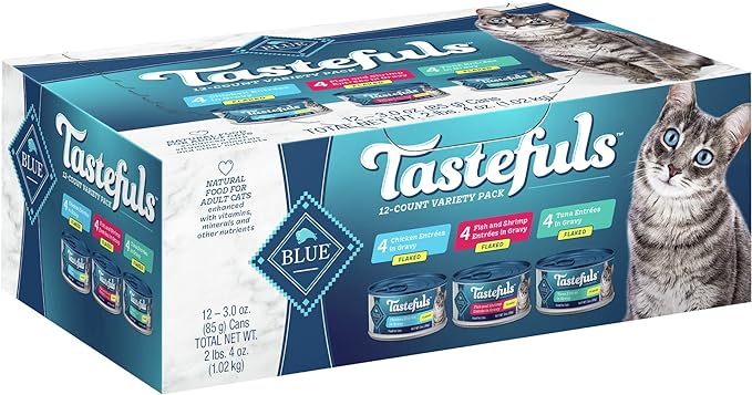 Blue Buffalo Tastefuls Flaked Wet Cat Food Variety Pack, Made with Natural Ingredients | Tuna, Chicken, Fish & Shrimp, 3-oz. Cans (12 Count, 4 of Each)