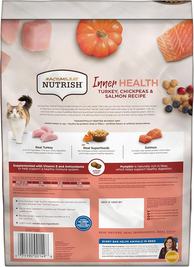 Rachael Ray Nutrish Inner Health Premium Natural Dry Cat Food with Added Vitamins, Minerals & Other Nutrients, Turkey with Chickpeas & Salmon Recipe, 6 Pounds