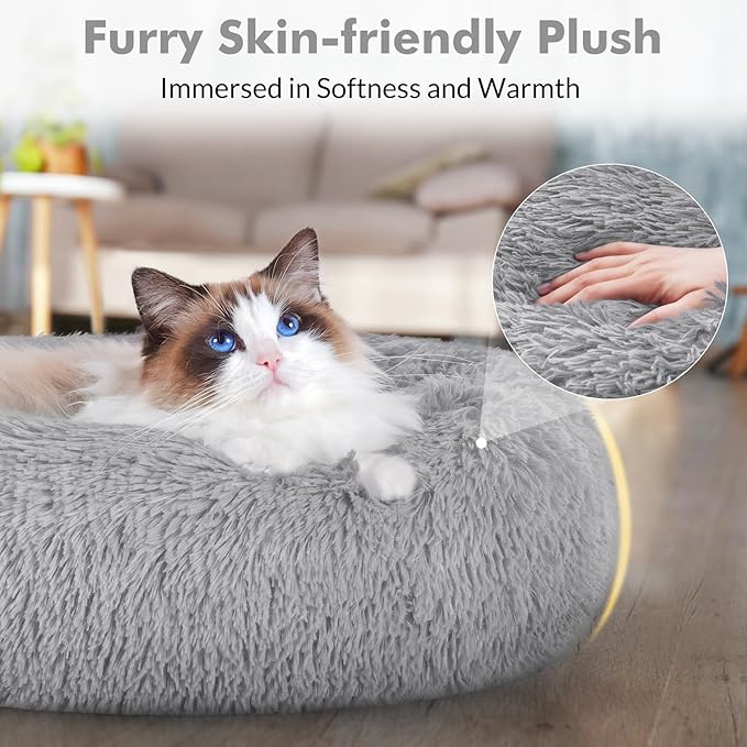 rabbitgoo Cat Beds for Indoor Cats, 24 inches Cat Bed Machine Washable, Fluffy Round Pet Bed Non-Slip, Calming Soft Plush Donut Cuddler Cushion Self Warming for Small Dogs Kittens, Light Grey, Large