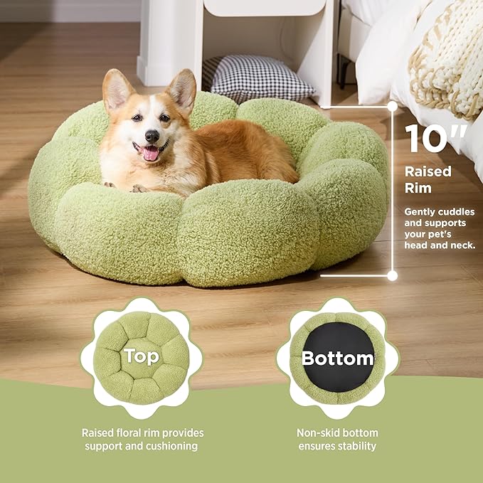 Lesure Calming Large Dog Bed - Flower Donut Round Fluffy Puppy Bed in Plush Teddy Sherpa, Non-Slip Cute Flower Dog Beds, Large Pet Bed Fits up to 100 lbs, Machine Washable, Green 36"