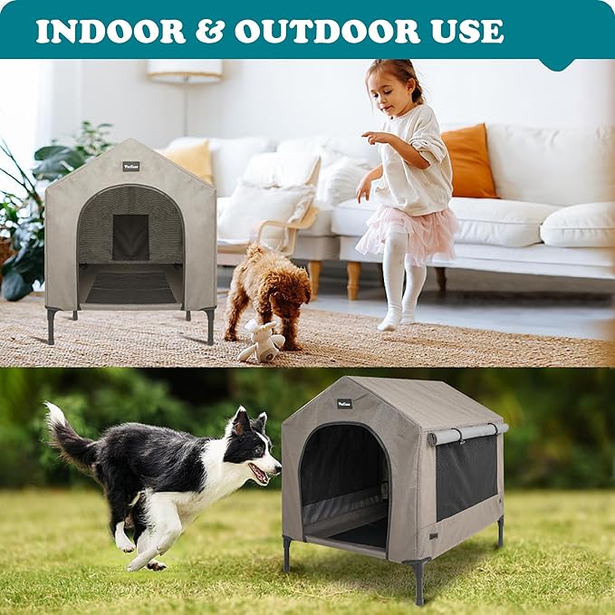 2 in 1 Dog House,Elevated Dog Bed with Removable Cover, Indoor & Outside Puppy Shelter Cot,Raised Dog Bed for Medium Dogs & Cats (Brown, Medium)