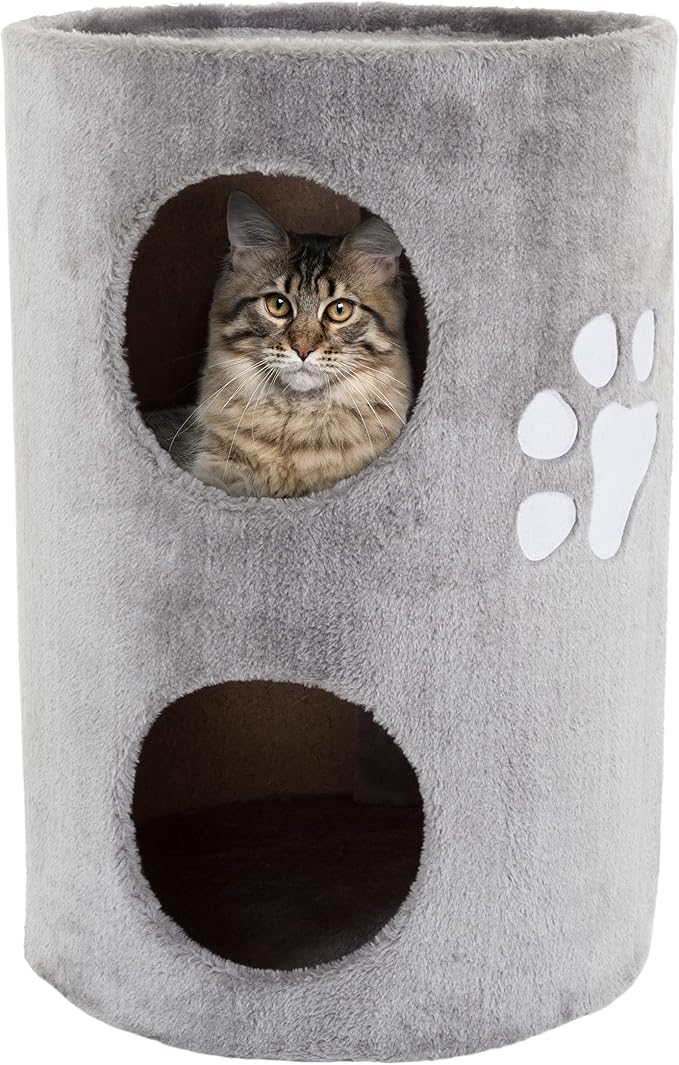 20.5-Inch Cat Condo - 2 Story Cat House with Sisal Scratch Pad, Barrel Shaped Pet House Covered in Soft Fabric by PETMAKER (Gray)