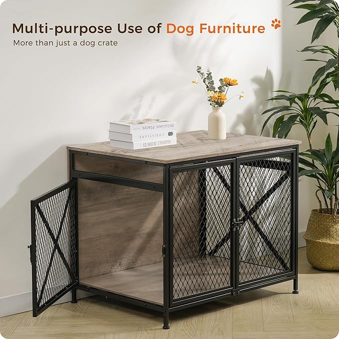 DWANTON Dog Crate Furniture, 25" L Three-Door Wooden Dog Kennel Indoor, Connectable expansion, Wooden Dog Crate Table for Small/Medium/Large Dog, Dog House, Dog Cage Large, Greige