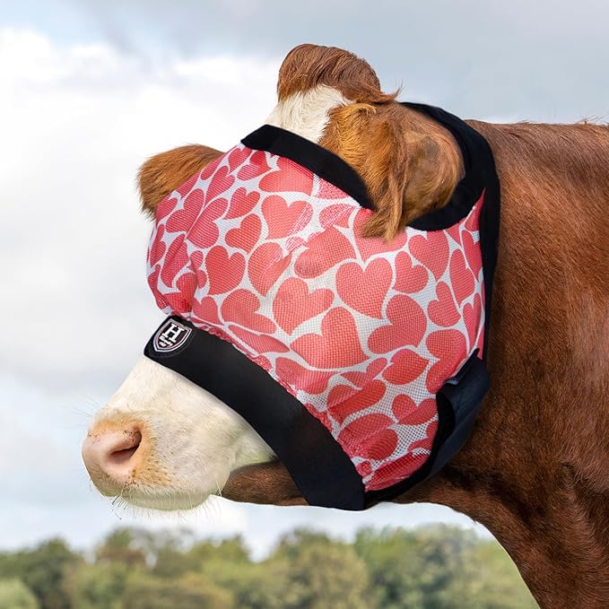 Harrison Howard Cattle Livestock Fly Mask Breathable Mesh Padded Edging with Fun Patterns Large Spacing Forelock Opening Design Adjustable Fit for Cattle Heart