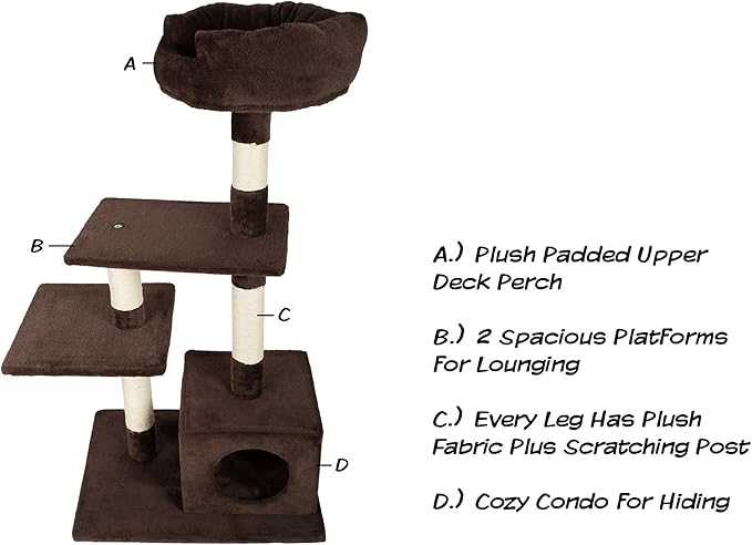 4-Tier Cat Tower - 3 Napping Perches, Cat Condo, 4 Sisal Rope Scratching Posts – Cat Tree for Indoor Cats or Multiple Cat Homes by PETMAKER (Brown)