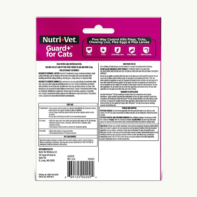 Nutri-Vet Guard+ for Cats - Flea & Tick Prevention Treatment for Cats 1.5 lbs. and Up - Waterproof Topical- 90 Days of Protection - 3 Monthly Doses