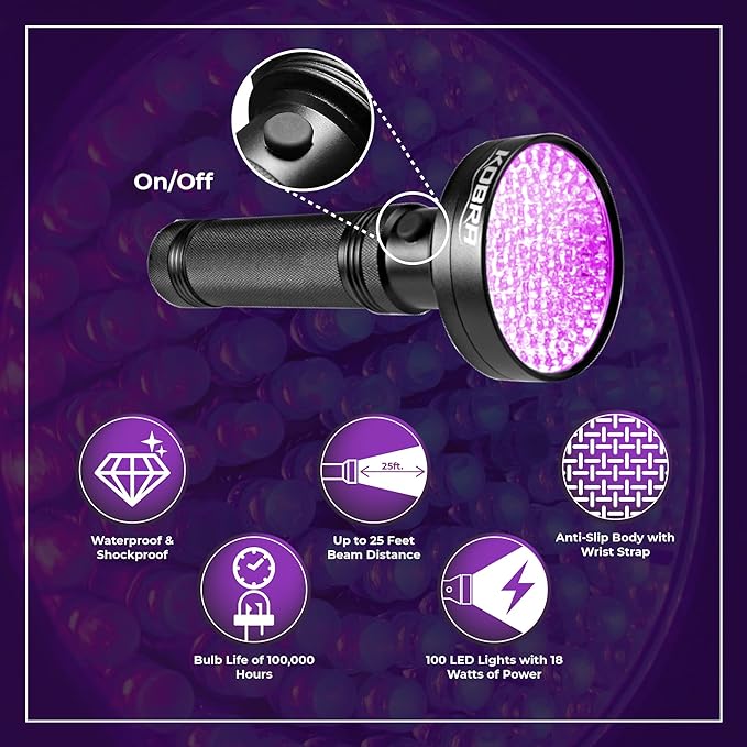 Kobra Black Light Flashlight 100 LED Lamp and Blacklight for Home & Hotel Inspection, Pet Urine & Stains - Ultra Intensity 18W 385-395nm LEDs Spot Counterfeit Money, Leaks, Scorpions (100 LED) (Black)