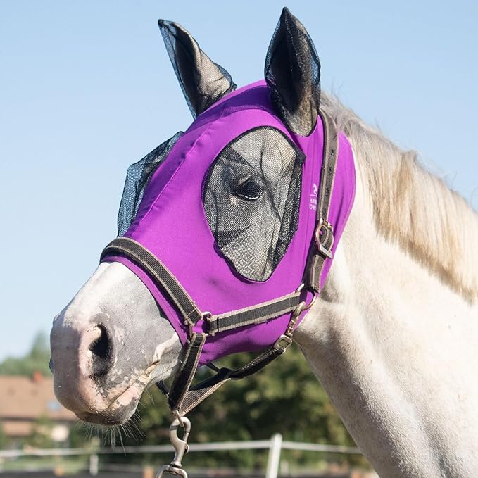 Harrison Howard Super Comfort Stretchy Fly Mask Large Eye Space with UV Protection Soft on Skin with Breathability Fly Mask -Amethyst Cob (Medium)