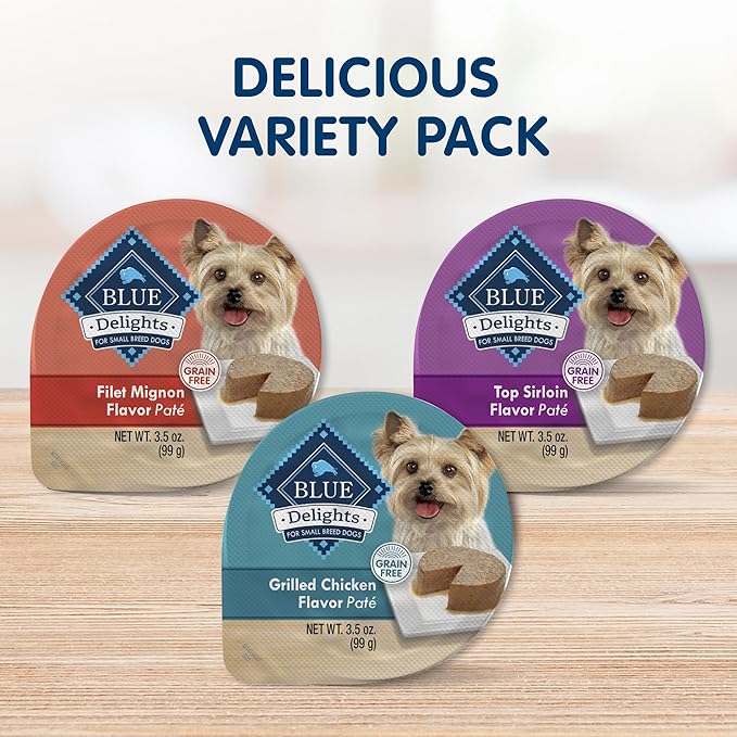 Blue Buffalo Delights Natural Adult Small Breed Wet Dog Food Cups, Pate Style, Chicken, Top Sirloin, and Filet Mignon 3.5-oz (24 Pack- 8 of Each Flavor)