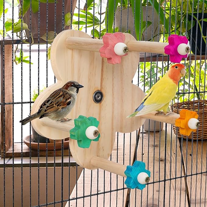 Wooden Parrots Ferris Wheel Toy with Perches, Bird Toy Rotating Perch Toy, Hanging Bird Stand Cage Accessories for Parakeet Parrot, Cockatiel, Budgerigar,Conure, Lovebirds