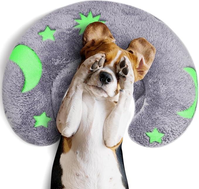 Glow-in-the-Dark U-Shaped Calming Pet Pillow for Dogs & Cats, Machine Washable Ultra-Soft Fleece Cover Comforting Dog Neck Pillow for Weak, Disabled, Elderly Pets, Luminous for Nighttime (Gray)